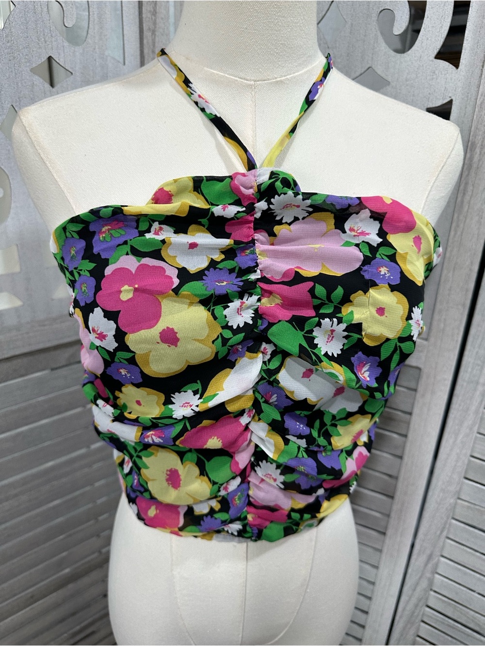 white birch Black Floral Halter Crop Top with Pink, Yellow & Purple Blooms